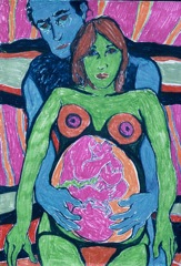 Painting by Helen Redman (my mother). That's me in her tummy and my father behind her, summer 1964.