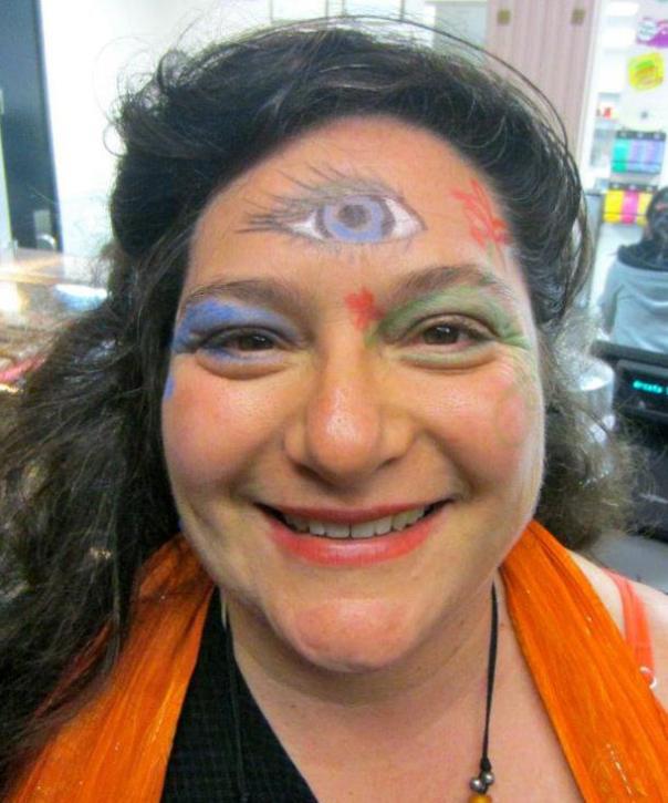 Nicole, not really in costume, revealing her third eye.