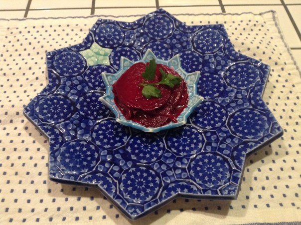 Perfectly Poised and Presented Pickled Beets in a small dish and on a platter both made by Paul Barchilon 