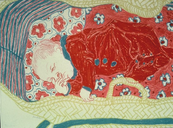 Moi/me in my pannier in Paris asleep and digesting yummy mommy milk. Nicole Asleep in her Basket by Helen Redman -1964