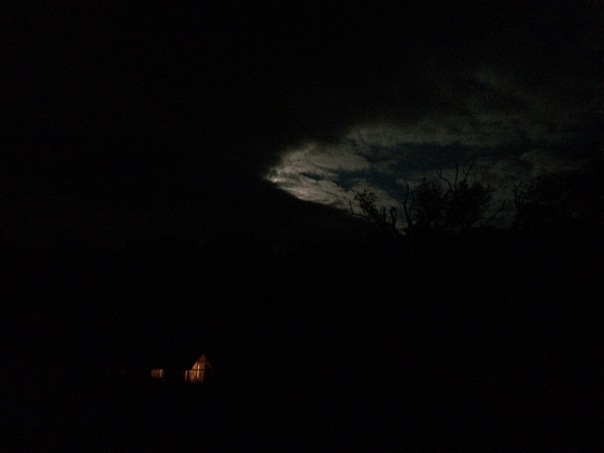 August Full Moon behind the clouds, my cabin, (named Clare) below, Hi Ney Ni/Here I Am, safe in Home and Hearth and Enraptured in Eire.